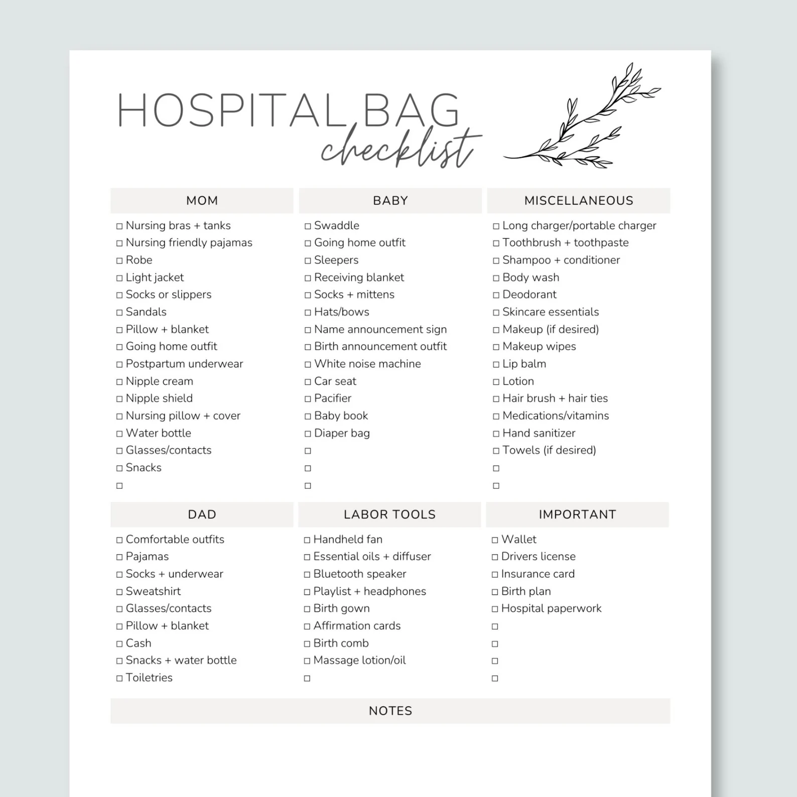 Hospital Bag Checklist (Printable)